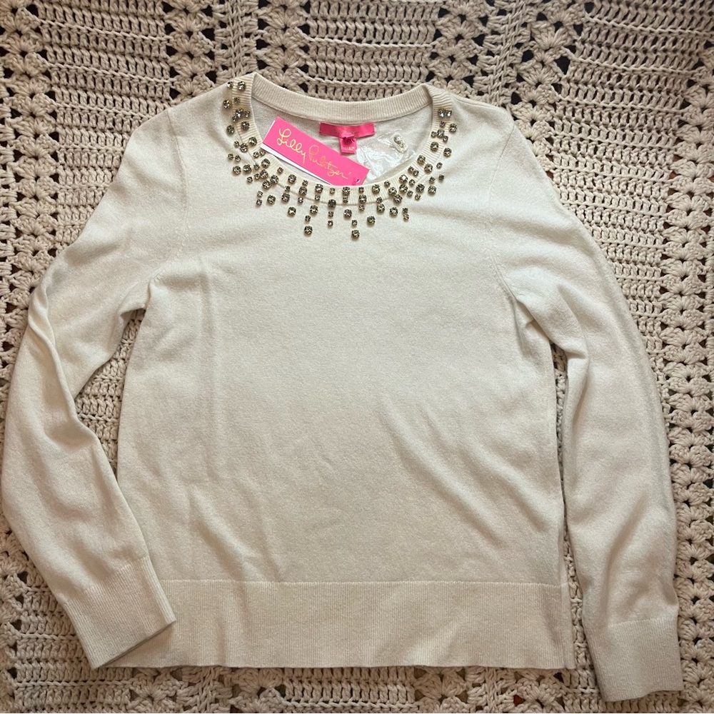 Lilly Pulitzer Odetta Sweater Coconut Color Jeweled Neckline - Medium - New